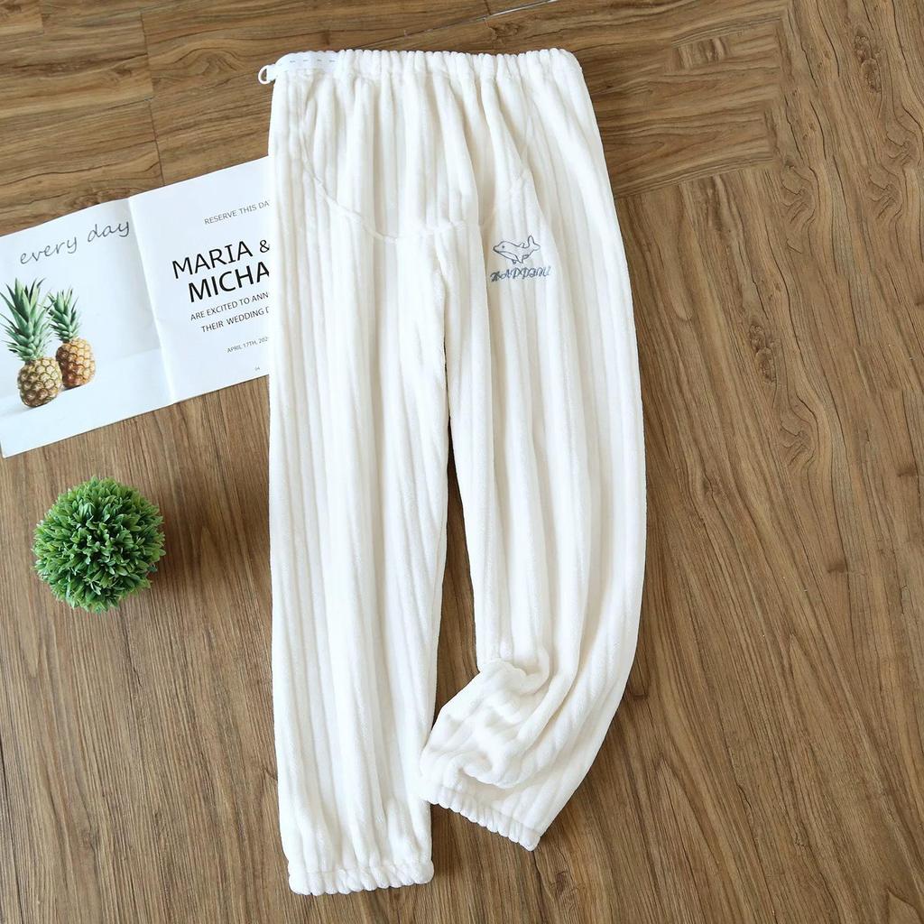 Plus Size Adjustable Maternity Flannel Sleep Pants - Coral Fleece for Warmth & Belly Support