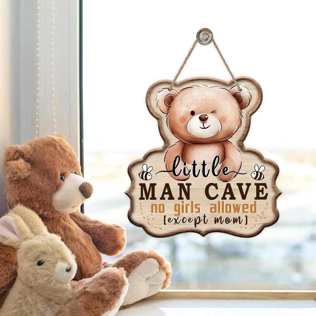 Little Man Cave No Girls Allowed Expect Mom Front Door Sign, Cute Bear Bee Wood Hanger Boy Toddler Baby Nursery Home Decor, Farmhouse Wooden Wreath