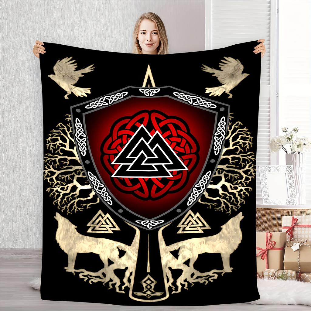 Viking Valhalla Flannel Blanket - Norse Myth with Celtic Knots & Tree of Life, Soft Cozy Throw for Camping/Decor/Gift"