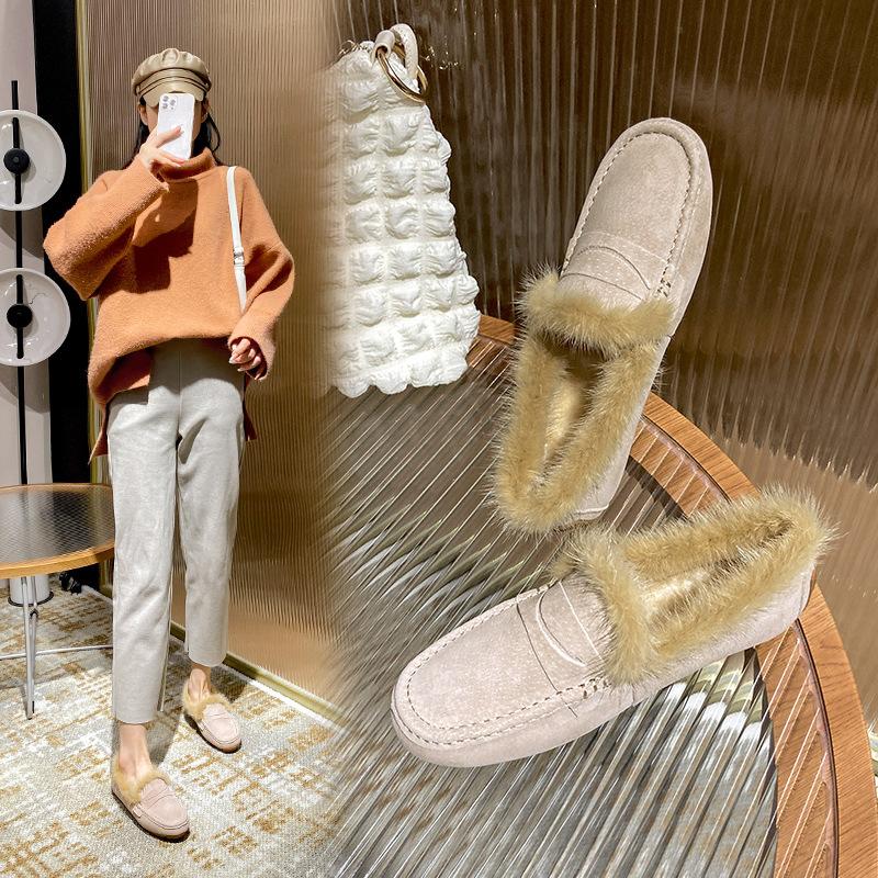 Fashion Real Nerz Mocasines Frauen Echtes Leder Wohnungen 2024 Damen Schweinsleder Wanderschuhe Winter Warme Plüsch Faulenzer Baumwolle Pelz Stiefel