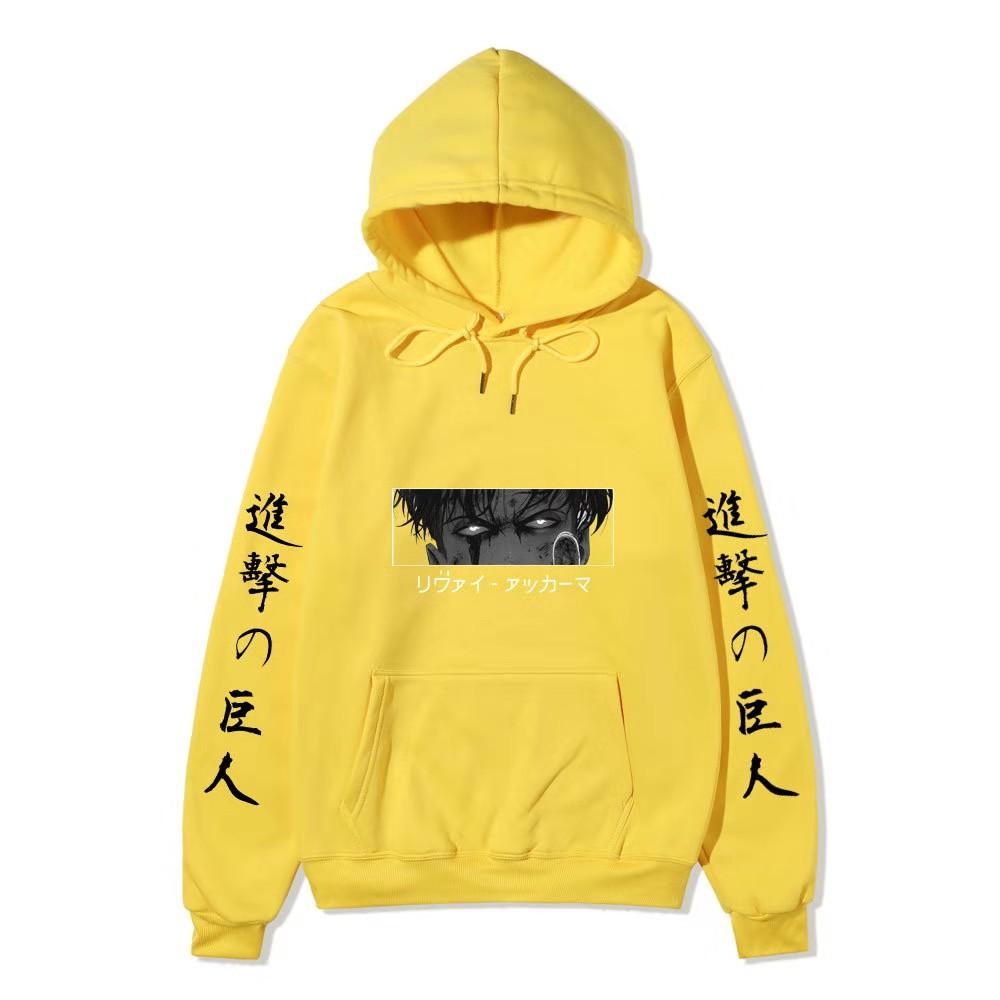 Anime Attack On Titan Levi Ackerman Hoodie, Double Sleeve Japanese Text Print Pullover Sweatshirt Long Sleeve Streetwear for Men Women