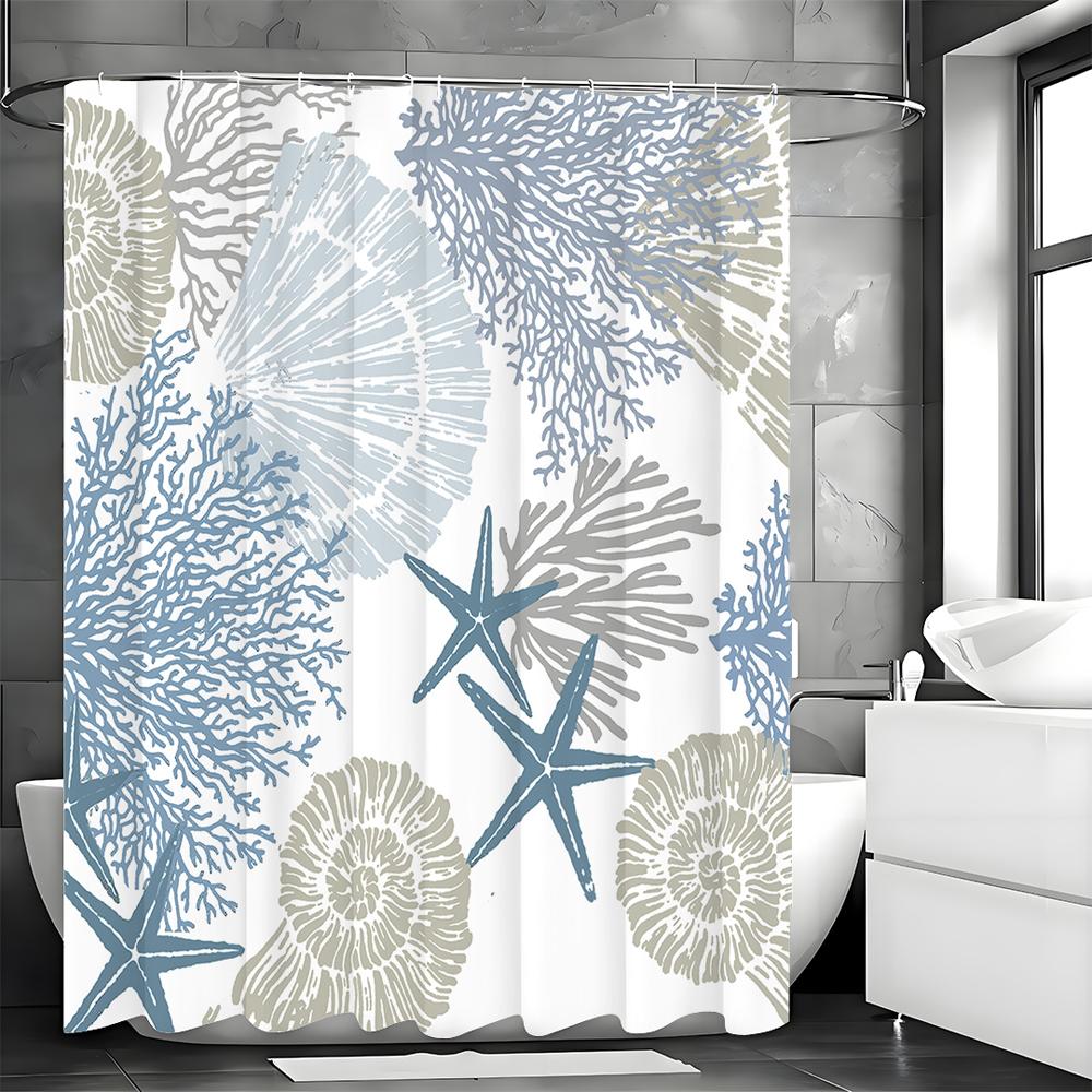 Modern Geometric Shell Textured Ocean Blue Shower Curtain, Bathroom Decorative Shower Curtain, Waterproof Shower Curtain with Ho