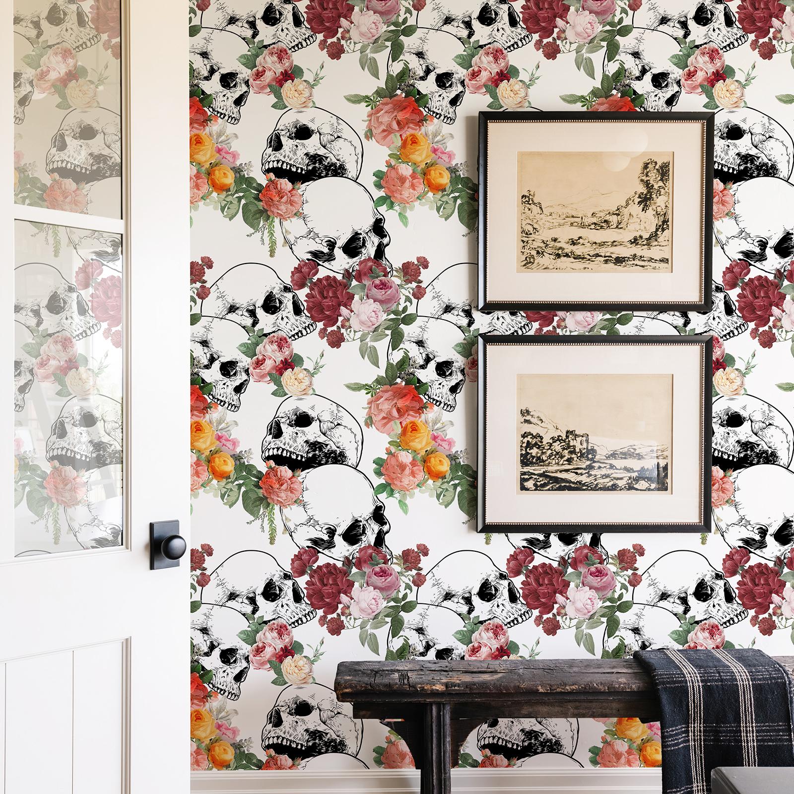

Белые Черепа Розы Виниловые Обои Шикарный Хэллоуин Самоклеящиеся Цветы Настенный Декор Фестиваль Самоклеящаяся Наклейка для Шкафа 44cmx300cm