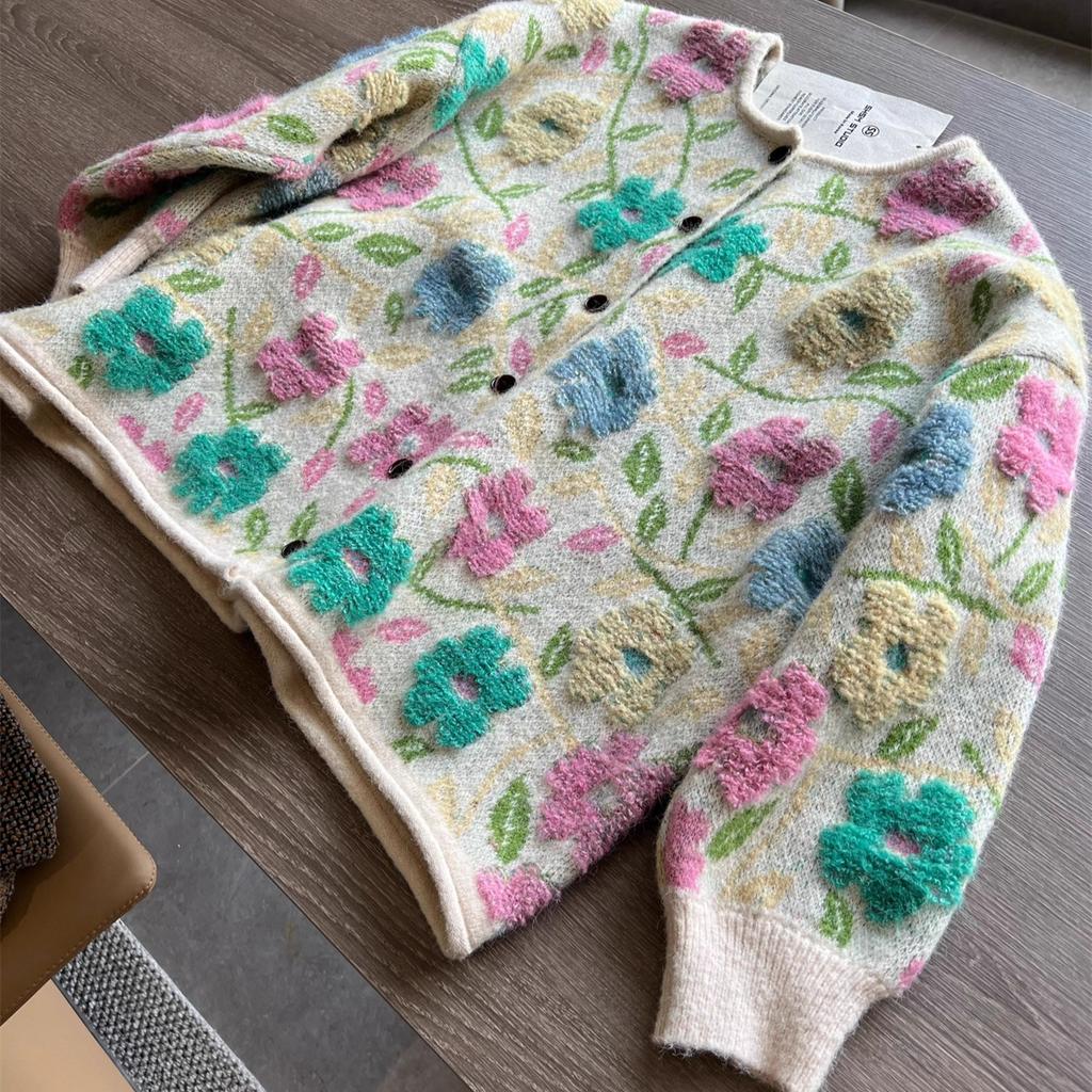 Dimanaf 2025 Květinové svetry Kardigan Podzim Ženy Potisk O-výstřih Svetry Pletení Volný Růžový svetr