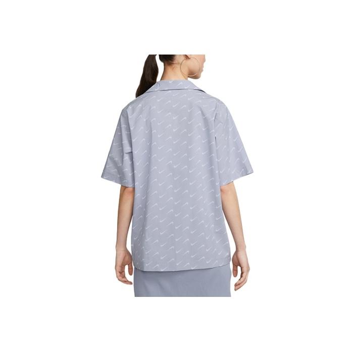 Nike Sportswear Everyday Modern Logo Print Loose Woven Short Sleeve Shirt Women shirts Mist-Gray-Blue DV7931