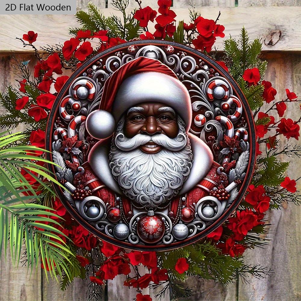 Black Santa Claus Wooden Sign - Navidad Round Sign for Yard Door Wall Hanging Decor - Ideal Christmas Decoration