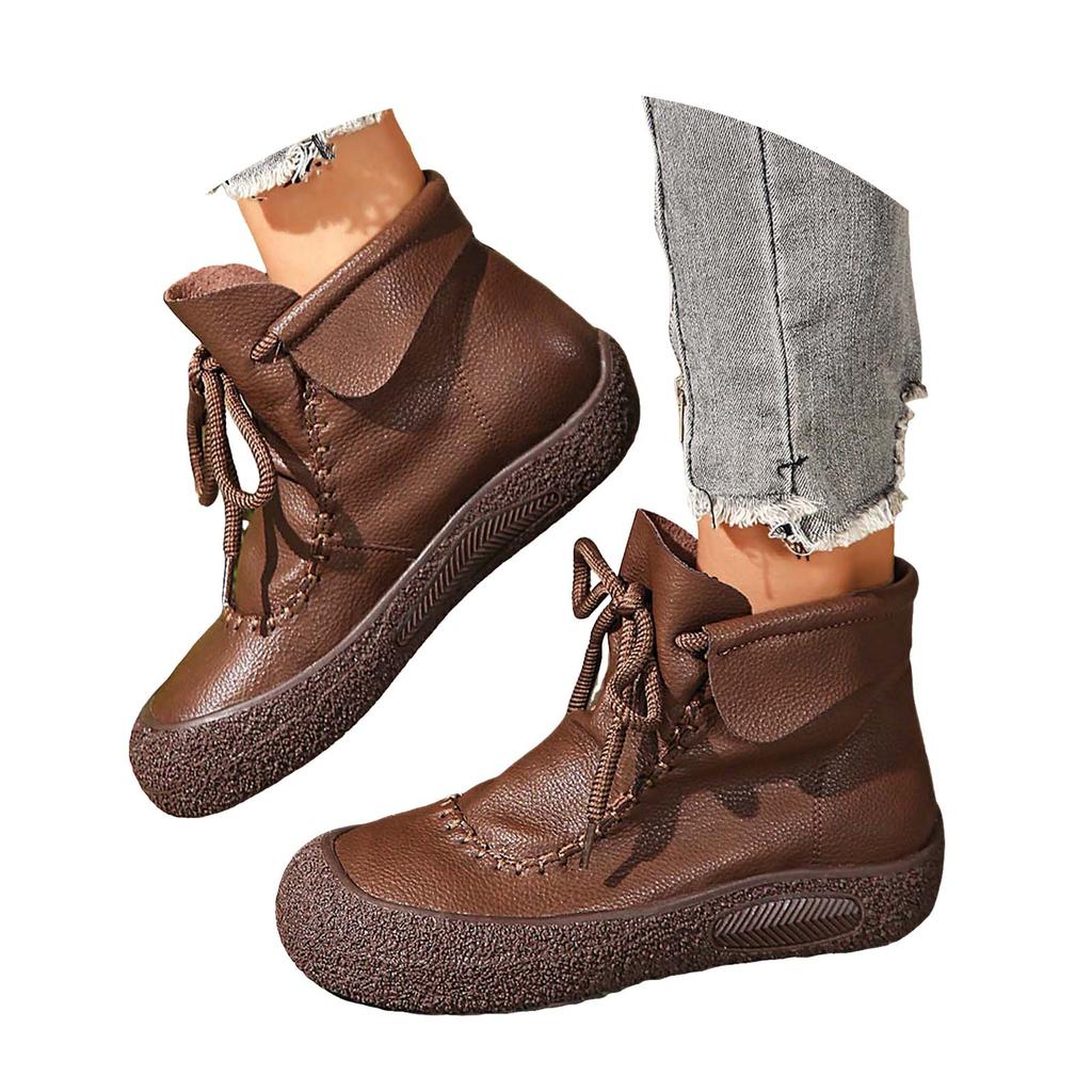 Women's Lace Up Leather Ankle Boots Round Toe Platform Flat Bottom Outdoor Wear Fashionable Casual Ankle Boot Heels for Women
