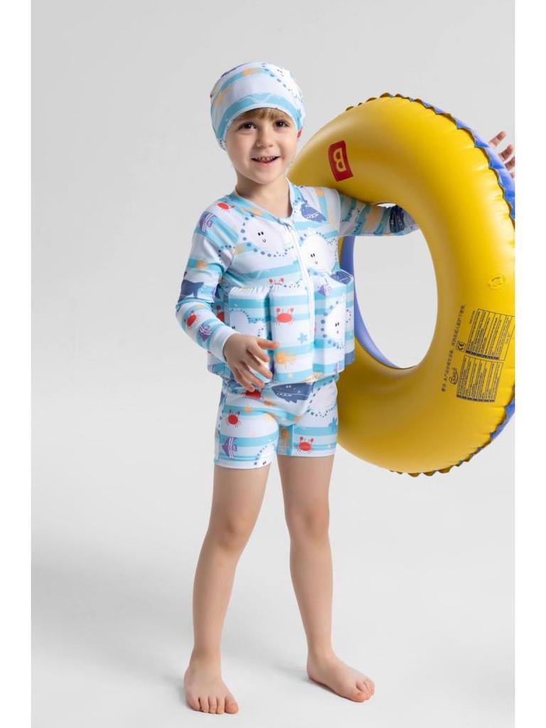 Children's Long-Sleeved Sun Protection Buoyancy Swimsuit with Floating Vest for Boys and Girls