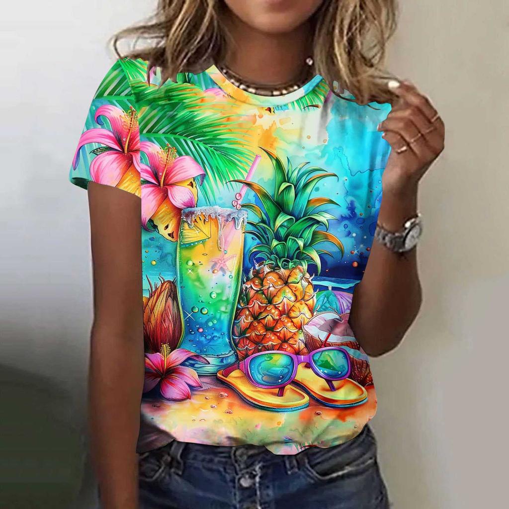 Summer Fruit Coconut Tree Gradient 3D Print Beach T-Shirts Short Sleeve O-Neck Women's T-shirts