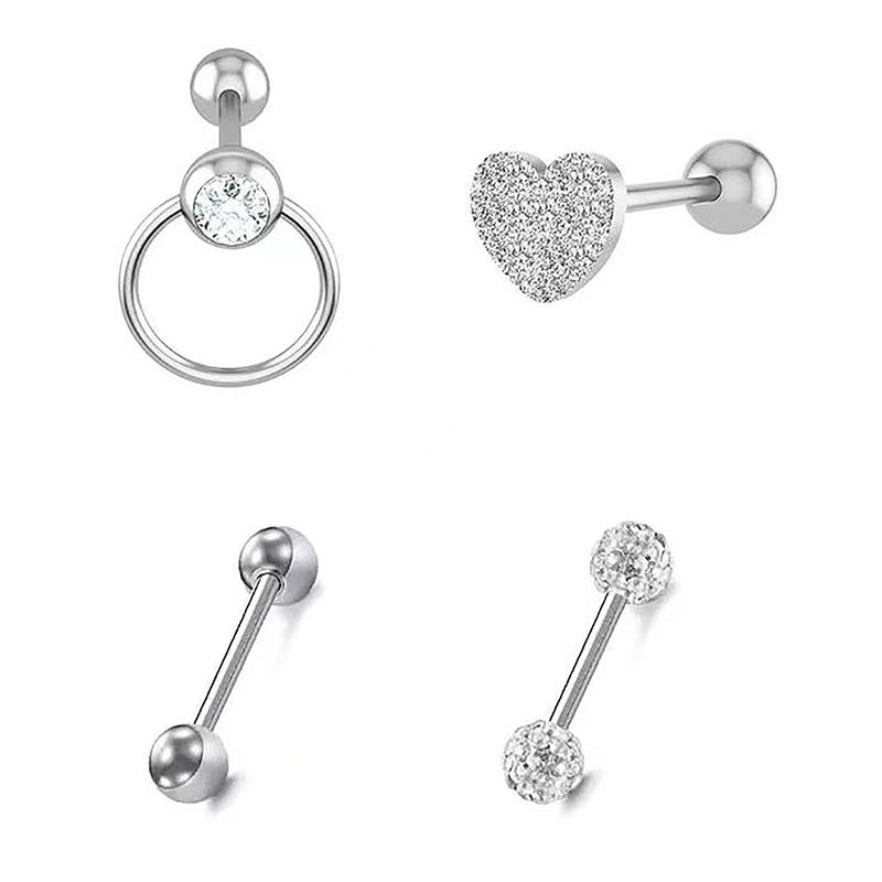 4Pcs Trend Heart Zircon Tongue Ring Bars Barbell Stainless Steel Tongue Ring Lip Piercing For Women Body Jewelry