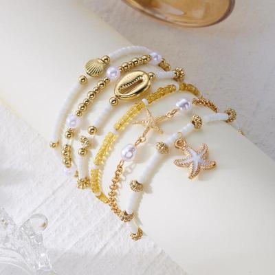 1 Set Summer Ocean Blue Beads Strand Hand Chain Bohemia Starfish Shell Beaded Bracelets For Women Jewelry Beach Vacation Gift