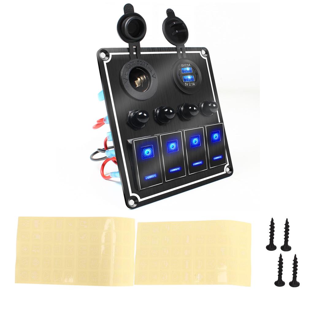 4 Gang Rocker Switch Panel with USB Cigarette Lighter Socket Toggle ON Off Combination Switch Panel for Caravan Yacht