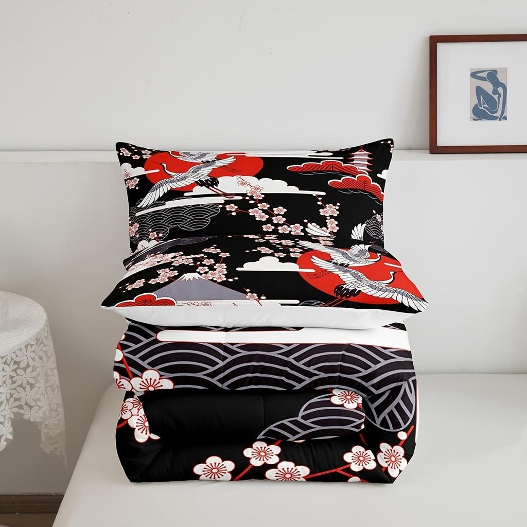 Erosebridal 2/3pcs Japanese-Style Comforter Set Crane Printed Cherry Blossoms Decor Comforter Japanese Traditional Pattern