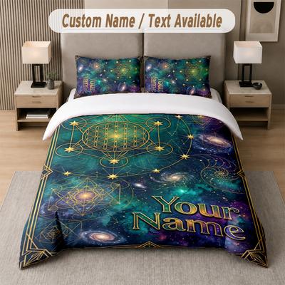 Space Cosmic Theme Custom Text Or Name 3Pcs Bedding Set 1 Flat Sheet & 2 Pillowcases Personalized Home Bedding