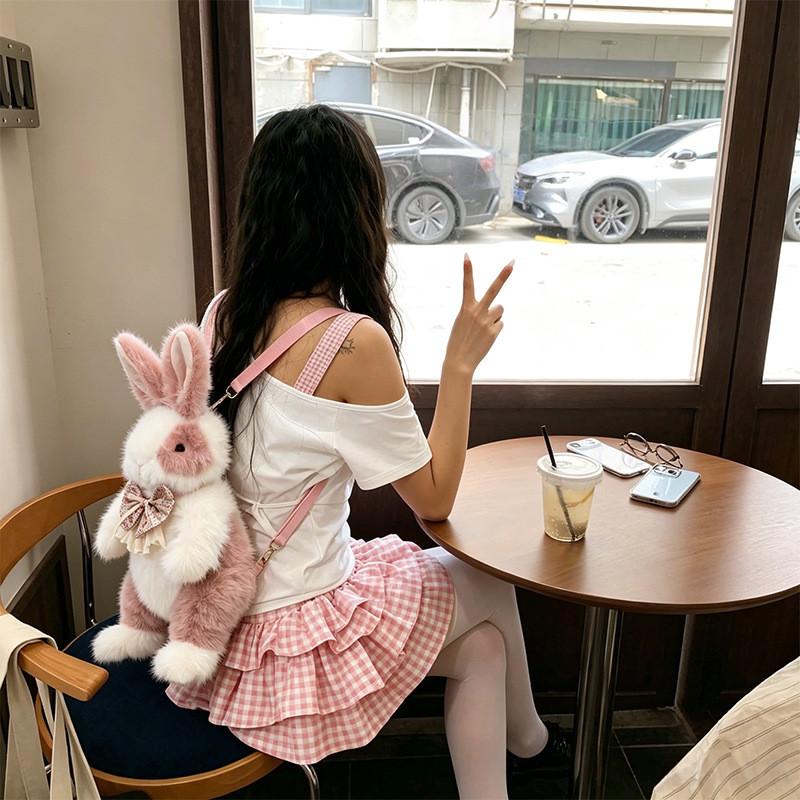 Cute Bowknot Plush Rabbit Backpack Realistic Long Fur Bunny Doll Cartoon Stuffed Animal Bag