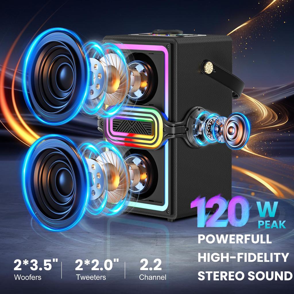 Bluetooth-Lautsprecher, 120W Spitzenleistung Kabellose Lautsprecher Boombox mit Tiefem Bass, Tragbarer Lauter Stereo-Sound Subwoofer mit LED-Lichtshow