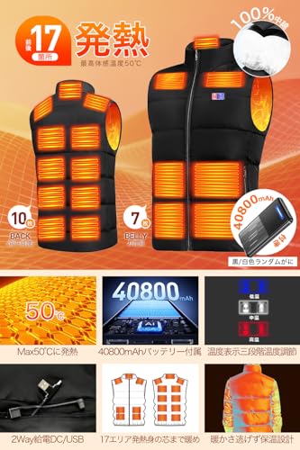 Yoigood Electric Heated Vest with 40800mAh High-Capacity Battery, 17 Heating Points, Independent Front and Rear Switches, 3 Temperature Settings, USB