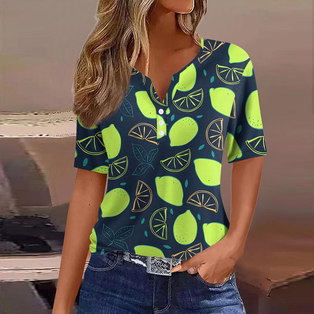 Women's Casual Fruit Printed V-Neck Short Sleeve Decorative Button T-Shirt Top