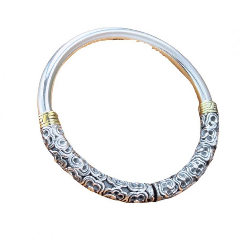 Zuyin 999.9 Vintage Auspicious Cloud Gold Hoop Stick Solid Bracelet, Pure Silver Ethnic Style, Male and Female Personality, Small and Popular Bracelet