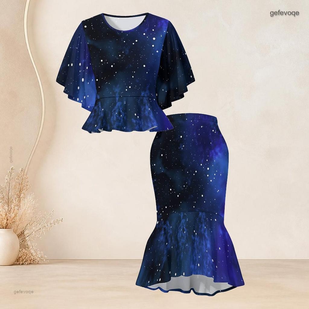 Women Plus Size Two Piece Skirt Set Round Neck Batwing Sleeve Printed Green Black Ruffle Hem Top Fishtail Skirt