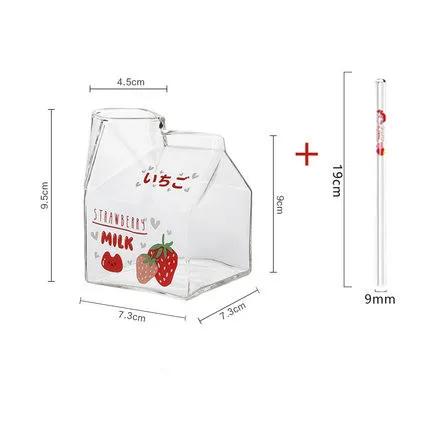 380ml Kawaii Quadratischer Milchkarton Glasbecher Hitzebeständig Süß Erdbeere Pfirsich Frühstücksbecher Puddingbecher Milchflaschen