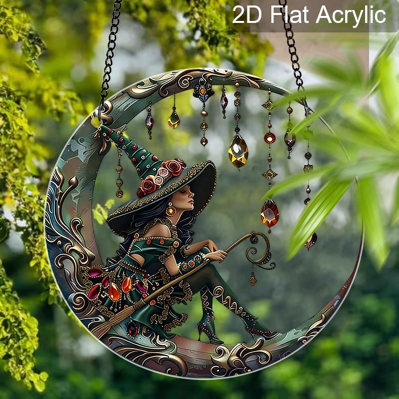 Acrylic Witch On Crescent Moon with Crystals Suncatcher, Stained Glass Effect Window Hanging Ornament for Witchcraft & Fantasy Lover Gifts