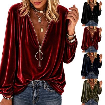 Damen Samt V-Ausschnitt Reißverschluss Langarm Top, Modische Lässige Bluse