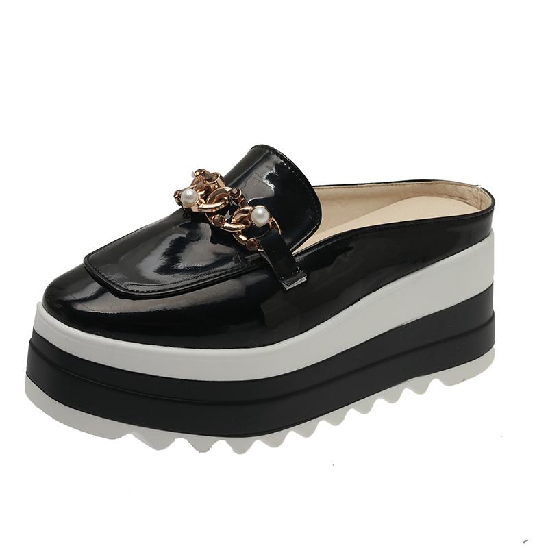 Patent Leather Semi-Slip Women's Square Toe Deep Mouth Pearl Metal Rear Low Non-Slip Wear-Resistant Wedge