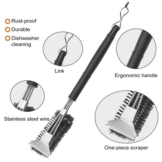Cepillo y raspador para parrilla 3 en 1, de acero inoxidable, diseño sin cerdas, resistente al calor y a la oxidación, herramienta de limpieza eficiente para todas las parrillas