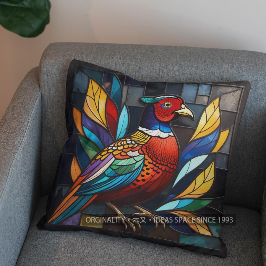 2D Stained Glass Style Pheasant-Printed Pattern Cushion Cover Suitable For Sofa Bedroom Car Pillow Cover