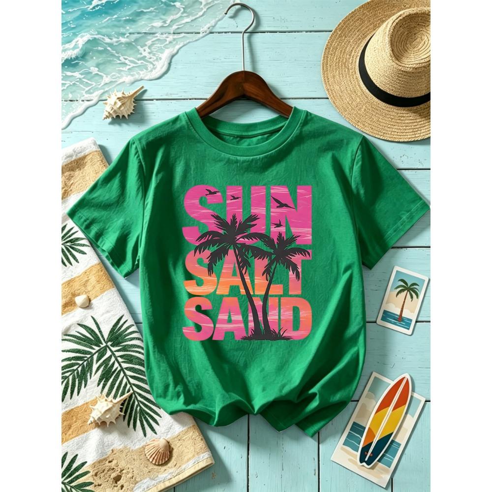 Sun Salt Sand Coconut Tree Prints T-Shirts Womens Summer Short Sleeve T Shirt O-Neck Oversized Tops Basic Soft Clothes