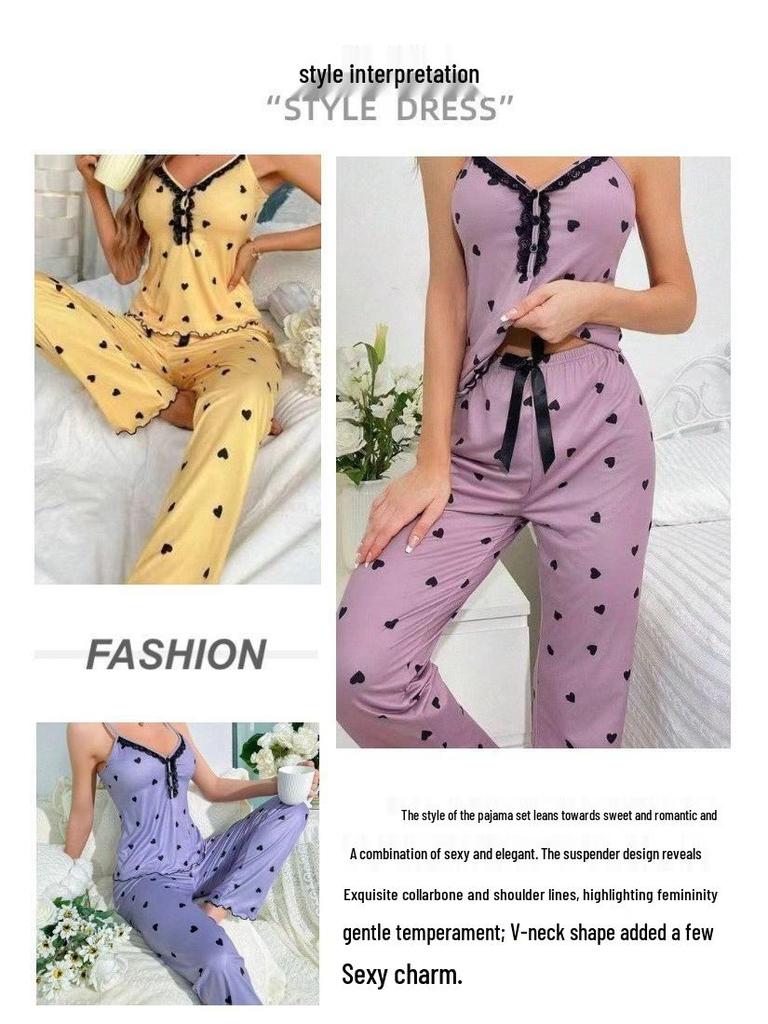 Women's Summer Imitation Silk Camisole & Long Pants Home Wear Set