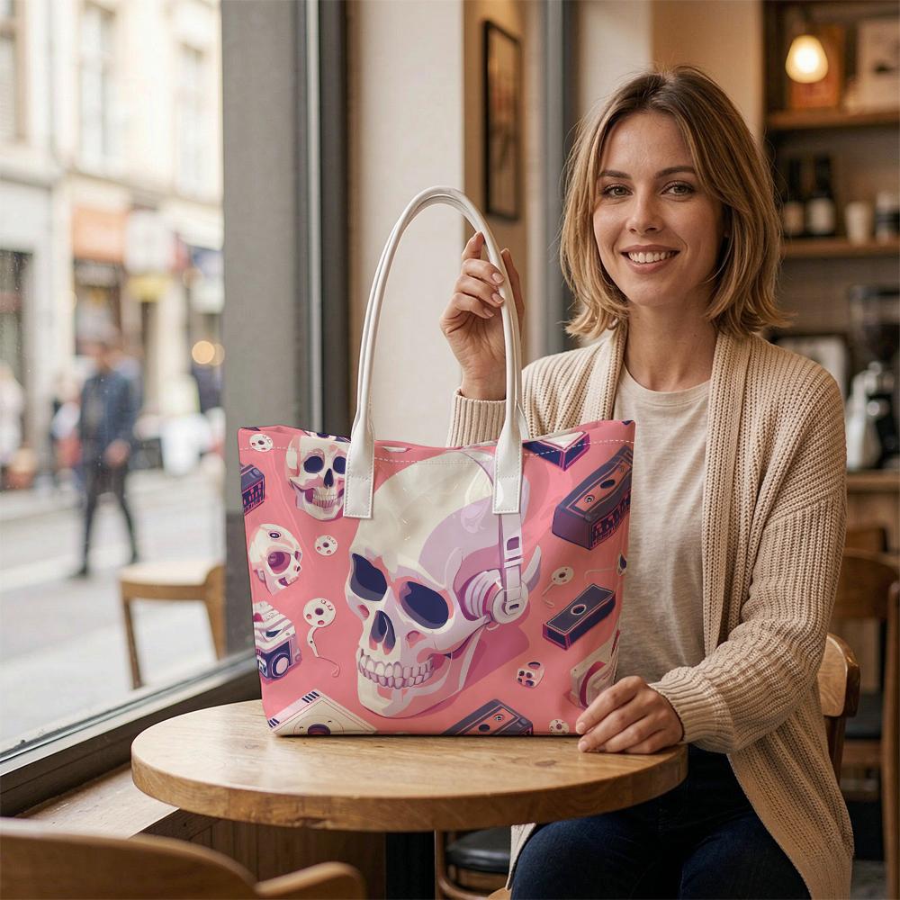 Skull Pattern Casual Tote Bag Portable Daily Shoulder Bag for Streetwear