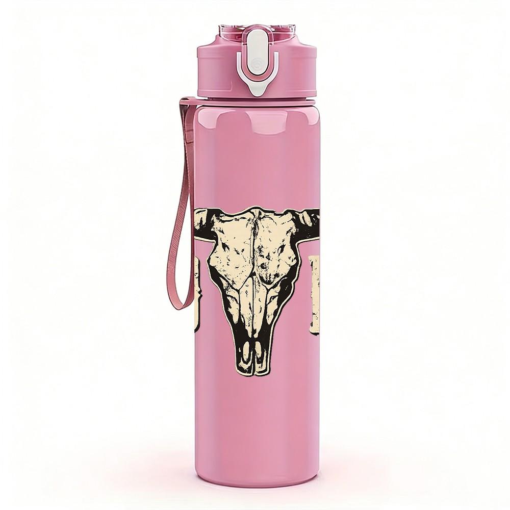 1PC Bull Cow Skull Western Style Print 750ml Color Plastic Sports Water Bottle Leakproof Flip Straw Lid Suitable for Sports Office Home Use
