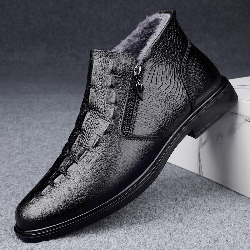 Fashion Luxury Male Basic Boots Warm Plush Fur Winter Male Chelsea Boots Genuine Leather Men Snow Boots Outdoor All-match High Top Shoes