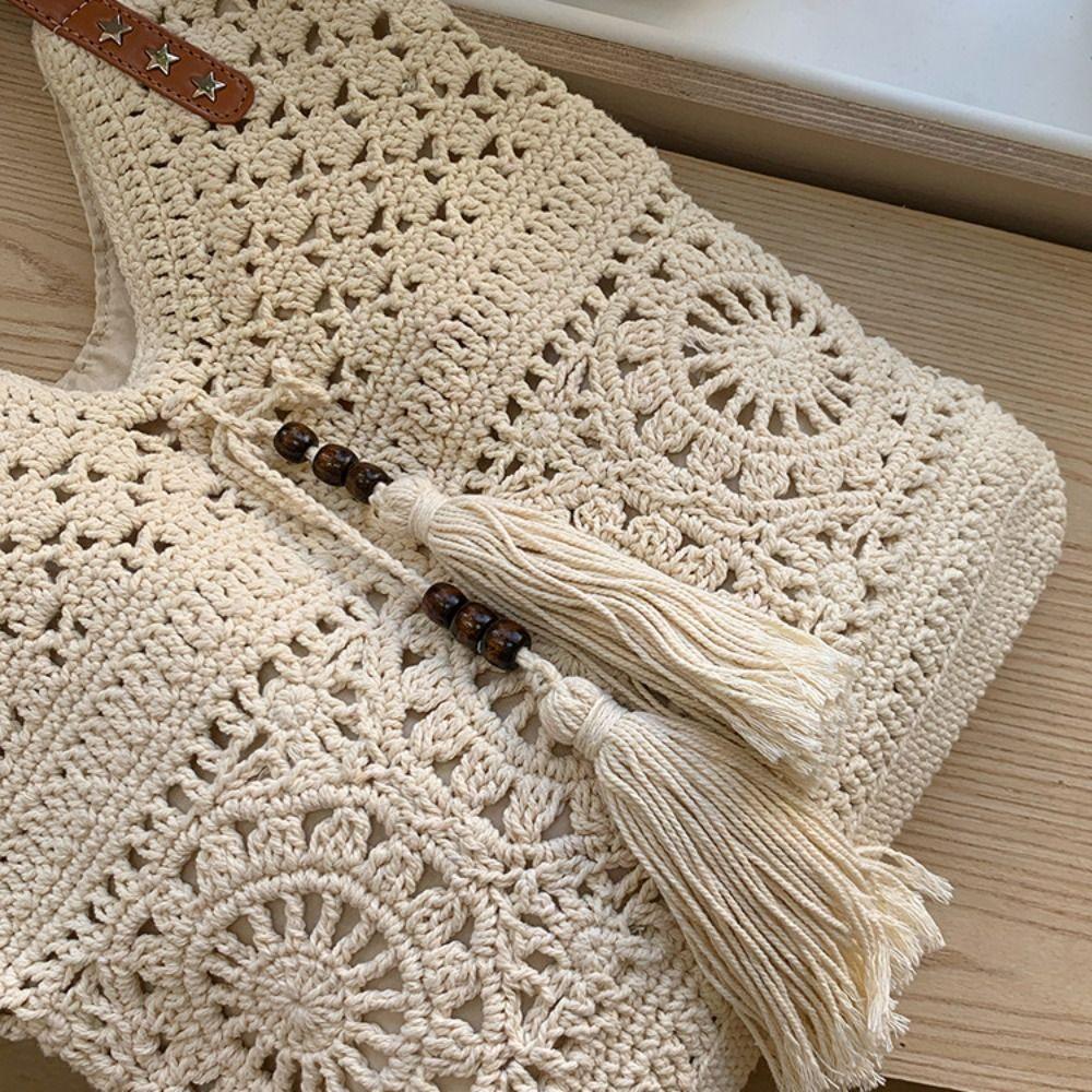 Spring Summer Vacation Crochet Weave Knitted Tote Bag Retro Hollow Out Cotton Thread Shoulder Bag Large Capacity Beach Handbag