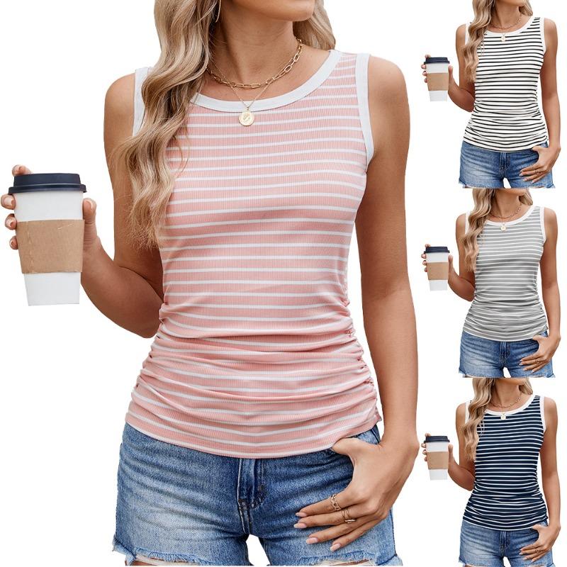 Striped Round Neck Contrasting Thread Vest Top