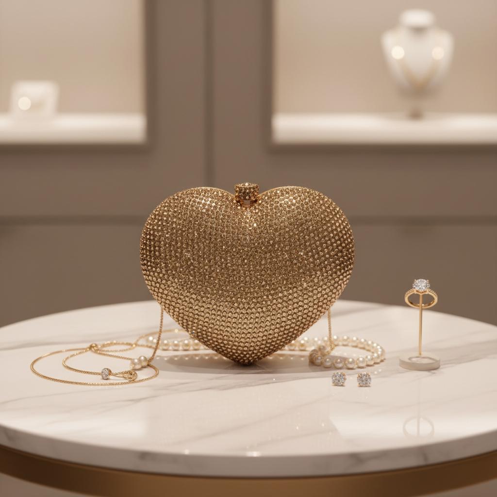 Sac Cristal à Haut Support Forme Cœur Diamant Sac Pochette de Soirée Femmes Luxueux Diamant Lent Sac de Banquet Robe Dîner Alliage 14 cm
