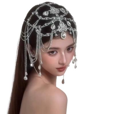 Exquisite Crystal Bridal Headwear Princess Forehead Chain with Pendant Beaded Fringe Bohemian Wedding Headpiece for Women