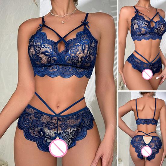 2 Pcs/Set Sexy Underwear Hollow Out Lace Solid Color Wireless Unpadded Open Crotch Elastic Bow Decor Multi Straps Soft