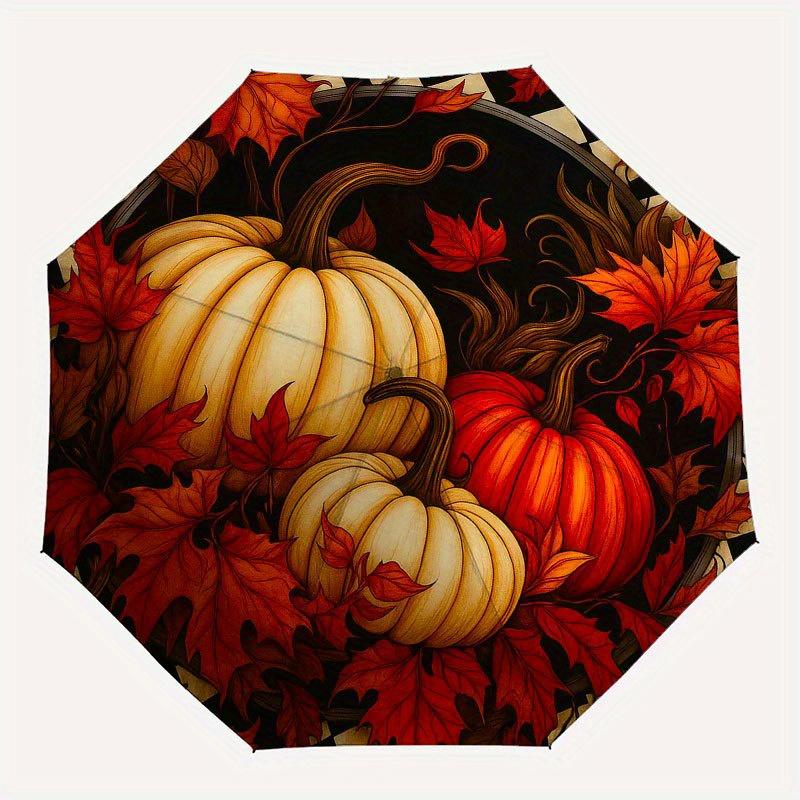Autumn Harvest Pumpkin Placemat, Fall Leaves Table Decor Umbrella, Cute Umbrella with Cute Design, Portable 3-Fold Compact Umbrella for Men & Women, V
