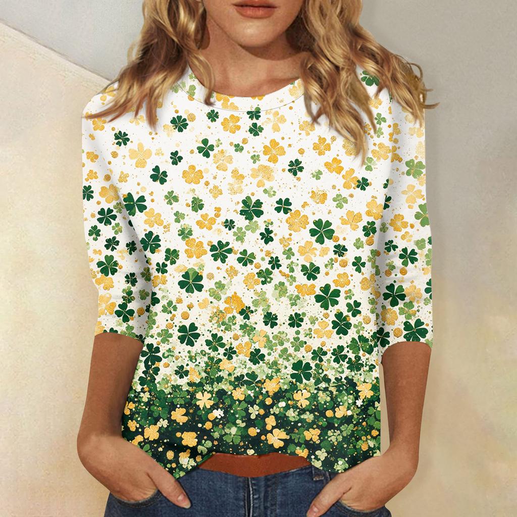 Women's Tops Three-quarter Sleeve Shirt Round-neck Loose Casual Shirt Print T-shirt