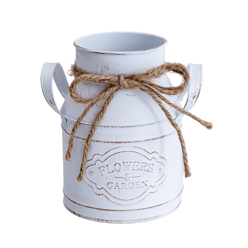 Vintage Distressed Tin Flower Pot with Hemp Rope Bow - French Ins Style Vase