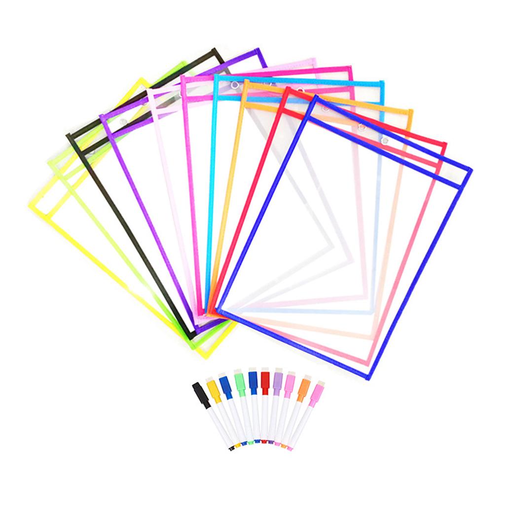 10 Pieces Worksheet Pocket Waterproof Plastic Pockets with Marker, Pen Slot,