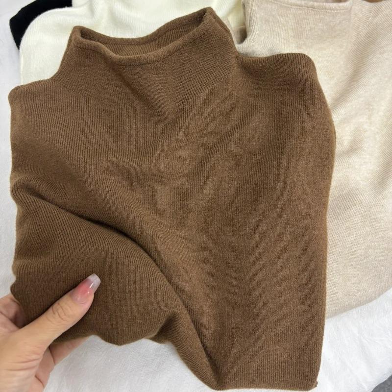 

Temperament small stand-up collar soft waxy knitted sweater women s autumn and winter simple casual long-sleeved inner top bottoming shirt L темный кофе