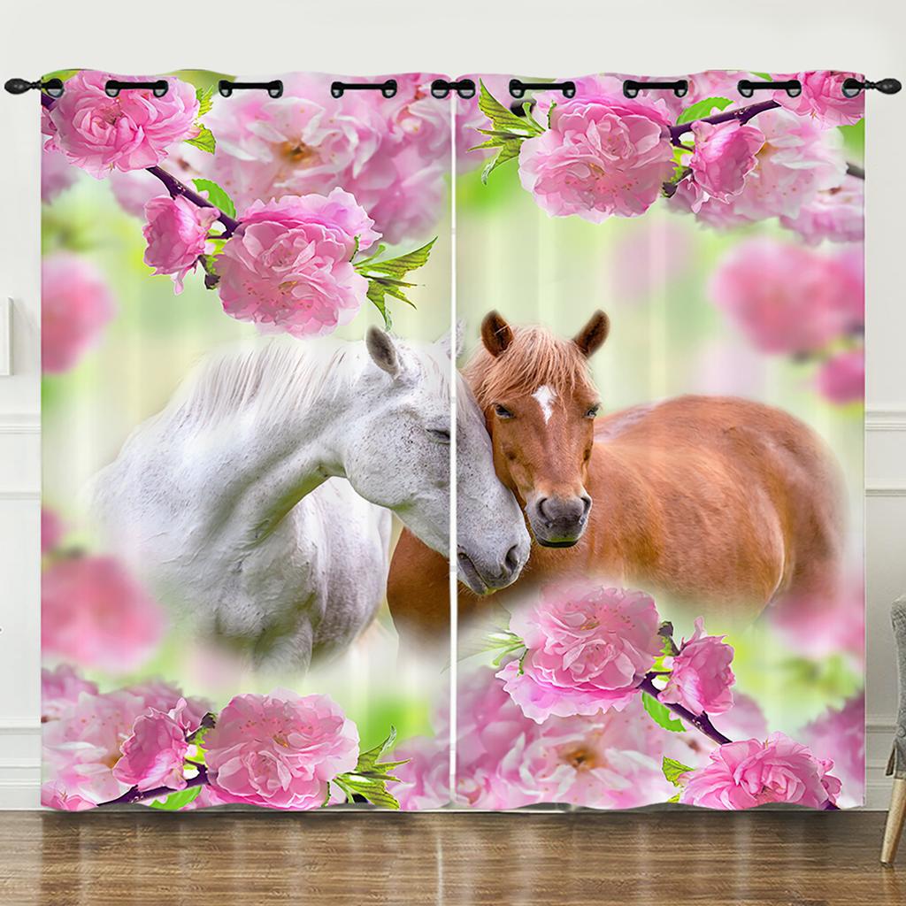 Curtain Flower Peach Blossom Animal Horse 3D Digital Printing Blackout Curtain Punching