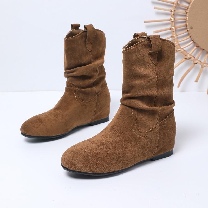 Round Toe Pleated Stack Boots Women's 2025 Winter New Plus-size Retro Sleeve Wedge Mid-leg Boots
