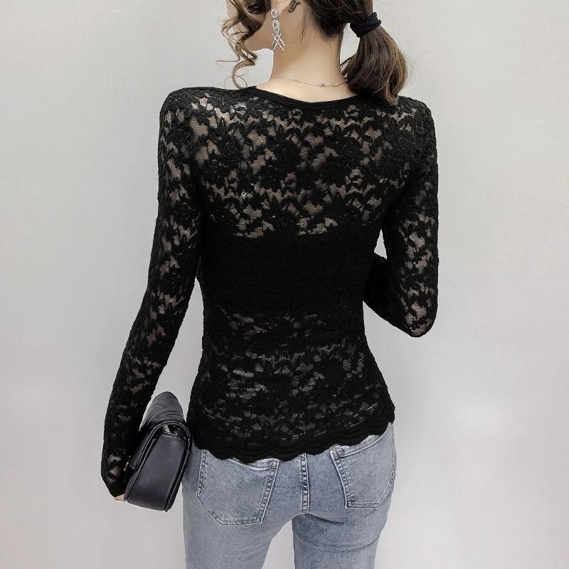 Camisa de encaje con escote en V para mujer, nueva blusa sexy de manga larga con escote estilo occidental para primavera y otoño