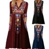 Plus Size Lady Dress V Neck Three Quarter Sleeves Bohemian Sexy A Line Loose Hem Pockets Retro Ethnic Style Print