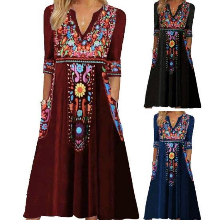 Plus Size Lady Dress V Neck Three Quarter Sleeves Bohemian Sexy A Line Loose Hem Pockets Retro Ethnic Style Print